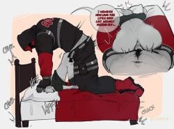 2boys anal_penetration anal_sex anon anonymous_male ass_up_face_down bed bedroom belt bent_over big_dom_small_sub bigger_male black_sweater boots breaking_bed cap clothed_sex dialogue english english_text face_down_ass_up from_behind fully_clothed gay gay_domination gay_sex grey_body hardcore head_down_ass_up head_grab hidden_face hood_up hugging_pillow human kneeling korimart male male/male male_only male_penetrated male_penetrating mask masked moan moaning moaning_in_pleasure moaning_on_cock monster monsterxmediator motion_lines nauseaxe_404 obscured_face on_bed penetration penis_outline red_boots red_cap red_mask simple_background speech_bubble