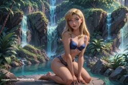 1girls ai_generated artist_name bare_legs bare_shoulders barefoot blonde_hair blue_bra blue_eyes blue_panties bow bra breasts cleavage collarbone dc dc_comics dcau full_body hi_res justice_league justice_league_unlimited kara_zor-el kneeling lingerie lips long_hair looking_at_viewer medium_breasts navel outdoors panties parted_lips patreon_username progenarts rock solo supergirl superman_(series) tree underwear underwear_only water waterfall web_address