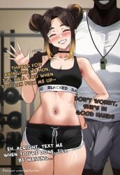 1boy 1girls ai_generated blacked blacked_clothing dark-skinned_male english_text gym helltoyou imminent_sex interracial netorare