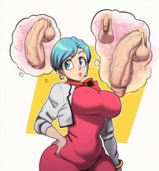 1girls ai_generated big_breasts blue_hair breasts bulma_briefs dragon_ball dragon_ball_super dragon_ball_z female large_breasts mature_female milf mullon nipples novelai nude penis solo solo_female solo_focus thinking thought_bubble