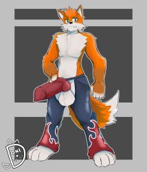 5_fingers absurd_res animal_genitalia anthro athletic balls bottomwear canid canine canine_genitalia cheek_tuft chest_tuft clothed clothing cobang cobang_(taiwan_coolfox) denim denim_bottomwear denim_clothing donisette erection facial_tuft fingers flame_pattern fluffy fluffy_tail fox genitals hair hi_res jeans knot knotted_penis male mammal multicolored_body muscular open_bottomwear open_clothing open_pants pants partially_clothed penis smug solo tail taiwan_coolfox tuft two_tone_body xu_bang xu_bang_(taiwan_coolfox)