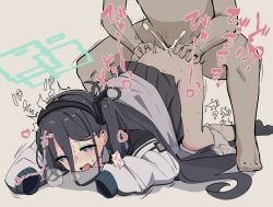 1boy absurdly_long_hair aqua_halo aris_(blue_archive) aroused black_hair black_hairband black_socks blue_archive blue_eyes blue_halo blush clothed_female_nude_male clothed_sex commentary_request cum doggy_style dot_nose female grabbing_another's_ass groping hair_between_eyes hairband halo heart highres jacket long_hair long_hair_between_eyes long_sleeves male nude one_side_up open_mouth panties panties_around_one_leg panty_pull pussy rectangular_halo ringed_eyes serizawa_nazuna sex sex_from_behind shirt skirt socks solo_focus squatting straight top-down_bottom-up translation_request underwear vaginal_penetration very_long_hair white_background white_jacket white_panties white_shirt