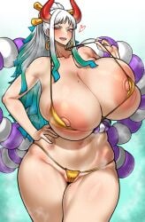 1girls big_breasts bikini gold_bikini gorio heart huge_breasts nipple_slip nipples one_piece smile teasing thick_thighs white_hair wide_hips yamato_(one_piece)