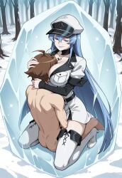 1boy 1girls ai_generated akame_ga_kill! blue_eyes blue_hair breast_smother breasts clothed_female_nude_male cowgirl_position defeated defeated_hero esdeath_(akame_ga_kill!) face_to_breasts female female_domination femdom forest frozen head_between_breasts hug hugging ice immobile male outdoors sex straddle straddling straddling_lap tatsumi_(akame_ga_kill!) trapped villain villain_on_hero villainess