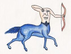 4_legs 6_limbs absurd_res archery bald balls beard blemmyes_(species) blue_beard blue_body blue_eyes blue_facial_hair blue_fur blue_hair blue_pubes centaur ebrithilbowser equid equid_taur european_mythology face_on_chest facial_hair feral fur genitals greek_mythology hair headless hi_res horse_tail humanoid_taur male mammal mammal_taur mythology nude pubes solo taur white_body white_skin