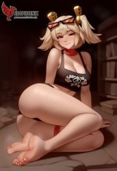 1girls 2d ai_generated ass back bangs bare_shoulders barefoot big_ass big_breasts black_panties blonde_hair burnice_white cleavage dress erophoenix feet female female_focus full_body long_hair looking_at_viewer navel pale_skin pale_skinned_female panties patreon_username red_eyes sitting skirt smile soles solo sports_bra thick thick_thighs toes twintails uncensored underwear zenless_zone_zero