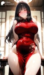 1girls ai_generated big_breasts black_hair blush breasts bsworks chinese curvy dress eyeliner female long_hair makeup original original_character pale_skin qipao slanted_eyes straight_hair xiang_(bsworks) yellow_eyes