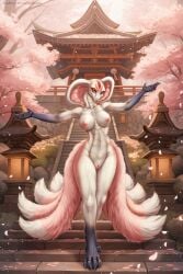 8_tails anthro breasts cherry_blossom cherry_blossom_tree cherry_tree deity down_the_stairs flower fluffy fruit_tree genitals lamp lantern markings multi_tail nude patals pink_body plant pose prunus_(flower) raised_hands red_markings reptile scalie snake snake_hood tail temple tree vulva walking white_body