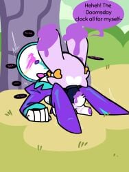 1boy1girl 2025 background bezel_(chikn_nuggit) clock clothed_sex english_text no_visible_genitalia object_head oc oc_x_canon original_character purple_suit rabbit_ears rabbit_girl rabbit_tail toony