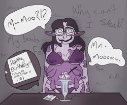 confusion cow_ears cow_girl cow_print cow_transformation dazed drooling erect_nipples erect_nipples_under_clothes hucow hypnoposting hypnosis hypnotic_food ice_cream implied_transformation lactating lactation large_breasts leaking leaking_milk milk mind_control purple_hair purple_skin udders