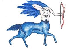 4_legs 6_limbs absurd_res archery balls beard blemmyes_(species) blue_beard blue_body blue_eyes blue_facial_hair blue_fur blue_hair blue_pubes centaur ebrithilbowser equid equid_taur european_mythology face_on_chest facial_hair fur genitals greek_mythology hair headless hi_res horse_tail humanoid_taur long_hair male mammal mammal_taur mythology nude pubes solo taur white_body white_skin