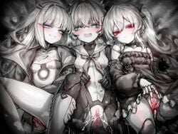 1boy 3girls blue_eyes blur_censor blush breasts censored chinese_commentary closed_mouth commentary_request covered_navel cross-shaped_pupils cum cum_in_pussy cum_overflow doll_joints eudie_(shadowverse) green_eyes greyscale joints kupa_(jesterwii) long_hair looking_at_viewer monochrome multiple_girls open_mouth orchis paid_reward_available parted_lips penis pov pov_crotch pussy pussy_juice ralmia_(shadowverse) red_eyes sex shadowverse side_ponytail small_breasts spot_color spread_pussy spreading_own_pussy straight symbol-shaped_pupils vaginal_penetration variant_set