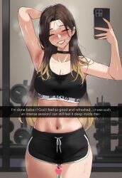 1girls after_sex ai_generated blacked_clothing cum cum_in_pussy gym gym_uniform helltoyou netorare original original_character selfie two_tone_hair