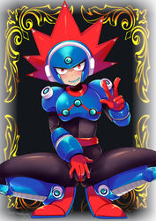 1boy 1cuntboy 2d 2d_artwork android android_boy andromorph aoinudayo blast_man blush capcom color covering_crotch cuntboy intersex masturbation mega_man mega_man(classic) mega_man_11 peace_sign pussy robot robot_boy solo squatting