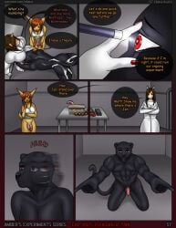 2_penises amber_(eliana-asato) anthro black_body black_fur black_nose bodily_fluids bottomless bottomless_futa bottomless_intersex breasts cleavage clothed clothing coat comic cum dialogue digital_media_(artwork) diphallia diphallism eliana-asato english_text felid feline fur futanari genital_fluids genitals giraffe giraffid heart_eyes heart_symbol hi_res intersex jen_(eliana-asato) lab_coat lynx male mammal matt_(eliana-asato) multi_genitalia multi_penis nude_male pantherine penis red_eyes shirt tail tank_top text topwear