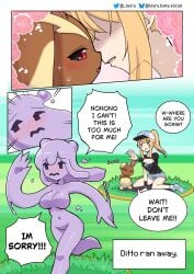 4_fingers anthro big_breasts blush bottomwear breasts brown_body brown_fur buneary clothing comic daisy_dukes denim denim_bottomwear denim_clothing denim_shorts dialogue ditto_(pokemon) fan_character featureless_breasts featureless_feet feet female female/female feral fingers frown fur gameplay_mechanics generation_1_pokemon generation_4_pokemon goo_creature grass group hair hat headgear headwear hi_res hotpants human layruwu lopunny mammal midriff nintendo open_mouth plant pokemon pokemon_(species) pokemon_trainer ponytail red_eyes running shirt short_stack shorts simple_face t-shirt teary_eyes topwear transformation trio