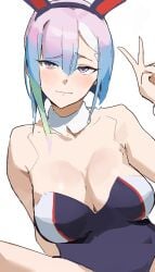 1girls big_breasts bunny_ears busty cleavage cyberpunk:_edgerunners light-skinned_female light_skin lucyna_kushinada peace_sign playboy_bunny purple_eyes rainbow_hair t-lex white_background