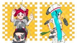 2d 2d_(artwork) 2girls artist_request ass ass_grab back_view baguette blue_eyes blue_hair blush breast_grab chef chef_hat chef_uniform clothing crying embarrassed embarrassed_female female food groping hatsune_miku kasane_teto kasane_teto_(sv) licking licking_pussy molestation motion_lines no_panties obsolete_meat pussy pussy_juice questionable_consent red_eyes red_hair simple_background skirt skirt_lift spread_ass synthesizer_v tears tongue tremble_spikes trembling twin_drills twintails undressing undressing_another utau vagina vocaloid