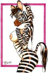 2008 anthro biped breasts brown_eyes ear_piercing equid equine female looking_at_viewer mammal nipples nude piercing pink_nipples side_view signature simple_background solo standing stripes tail terrie_smith traditional_media_(artwork) wet wet_hair white_background zebra