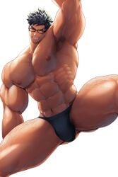 1boy abs absurd_res anus_peek armpit_hair armpits arms_up ass_up bara beard_stubble beefy biceps big_areola big_breasts big_bulge black_hair blush breasts breasts_bigger_than_head broad_shoulders bulge bulge_through_clothing clenched_teeth crouching daddy dilf frown gay glasses grin hi_res huge_breasts hunk jockstrap leg_hair male male_breasts male_only manly mature_male meisho_hanten muscles muscular muscular_arms muscular_legs muscular_male muscular_thighs navel oppai original original_character pecs practically_nude pubic_hair quadriceps shadow short_hair six_pack solo spiky_hair spread_legs standing thick_eyebrows thick_neck thick_thighs topless tough_guy triceps very_high_resolution white_background yaoi yellow_eyes