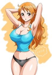 1girl :o armpits arms_up artist_name black_panties blue_camisole breasts brown_eyes camisole covered_erect_nipples earrings female highres hourglass_figure jewelry kokorina-s large_breasts long_hair nami_(one_piece) navel one_piece open_mouth orange_hair orange_hair_female panties signature slender_waist small_waist solo underwear very_long_hair wavy_hair white_background