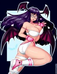 1girls alternate_version_available ass big_ass big_breasts black_eyes black_hair bra breasts darkstalkers demon female female_only glasses gloves head_wings huge_breasts kochiyourin large_breasts long_hair morrigan_aensland panties stockings succubus wings wink
