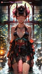 ai_generated bangs black_hair blush blush dickgirl dickgirl_only flaccid flaccid_penis flared_penis futa_only futanari hair_flower hair_ornament horsecock hot_spring huge_cock kimono makeup manofmidas oni oni_female oni_horns onsen samurai small_breasts yellow_eyes