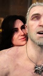 1boy 1girls 3d anal ass_grab astex balcony black_hair dominant_female female femdom from_behind geralt_of_rivia implied_futa implied_handjob implied_penetration implied_strap-on malesub nude reach_around scars standing_sex submissive_male the_witcher_(series) white_hair yennefer