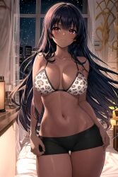1girl ai-created ai_generated animal_print bangs bare_arms bare_shoulders bed bedroom bikini black_hair black_shorts blush boyshort_panties boyshorts bra breasts candle clavicle cleavage closed_mouth clothing cowboy_shot curtains dark-skinned_female dark_skin female female_only high_resolution indoors lamp large_breasts latina leopard_print long_hair looking_at_viewer midriff navel night night_sky on_bed original pillow portrait print_bra print_underwear purple_eyes red_eyes rena_aikawa_(pixiv_user) short_shorts shorts sky smile solo standing star_(sky) starry_sky stomach swimsuit thigh_gap thighs underwear very_long_hair white_bra white_underwear window