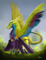 aiko_stable aiko_stable_new anal anal_sex anthro avian bodily_fluids cloud cloudy_sky cum cum_drip cum_in_ass cum_inside cum_on_penis day dragon dripping duo ejaculation feral field genital_fluids genitals gryphon hi_res male male/male mythological_avian mythological_creature mythological_scalie mythology penetration penis scalie sky