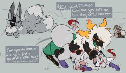6_legs ambiguous_gender ass ass_up being_watched bodily_fluids claws climbing_on_another command cum cum_drip cum_on_ground dialogue dripping drooling ears_up eevee english_text feral flicker_soluan_(icefoxofcamelot) generation_1_pokemon generation_5_pokemon generation_7_pokemon generation_8_pokemon genital_fluids genitals group hand_on_head heart_eyes heart_symbol heterochromia hi_res hisuian_form hisuian_zorua holding_object larvesta looking_at_another lying male male/ambiguous morgue_(neoncityrain) muenos_mccall_(neoncityrain) multi_leg multi_limb narrowed_eyes neoncityrain nintendo nonbinary_(lore) on_chest open_mouth paws penis pinning_down pinning_head pokemon pokemon_(species) pokemon_mystery_dungeon polaris_chandran_(neoncityrain) presenting presenting_hindquarters regional_form_(pokemon) rockruff saliva saliva_string shiny_pokemon smile speech_bubble spike_chunsoft spiral spiral_eyes squint tail tail_motion tailwag text throbbing throbbing_penis tongue tongue_out trans_(lore) trans_man_(lore) voyeur zorua