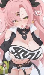 1girls belt big_breasts black_shorts blush blush bottomwear breast_focus breasts cleavage clothing crop_top ear_piercing earrings female female_only green_eyes hair hair_ornament hair_ribbon hairclip hands_on_breasts headwear heart heart_earrings hone_kawa huge_breasts large_breasts long_hair mole mole_on_breast mole_under_eye necklace neckwear nicole_demara pink_hair ribbon shorts smile solo solo_female speech_bubble thigh_strap thighs topwear twintails zenless_zone_zero