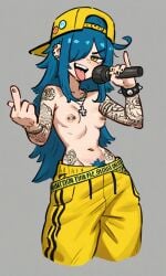 1girls ahoge ai_generated backwards_baseball_cap backwards_hat blue_hair breasts cel_shading female hair_over_one_eye june_(kosine1777) kosine1777 kosineverse long_hair middle_finger necklace nipple_piercing nipple_piercings oc original original_character pierced_nipples rapper small_breasts spiked_bracelet tattoo tattooed_arm tattoos tongue_out topless yellow_pants