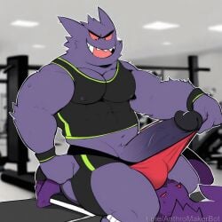 ai_generated dominant domination evil_grin facesitting forced gengar gym gym_clothes gym_uniform huge_cock male muscular muscular_anthro muscular_male penis_out penis_out_of_pants penis_out_of_underwear pokemon pokemon_(species) pokephilia working_out workout