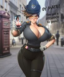 ai_generated breasts_bigger_than_head british british_female caption cattlec cleavage clothed_female edited english_text gloves hand_on_hip huge_breasts lesbian_flag light-skinned_female london looking_at_viewer massive_breasts mei_(overwatch) narrow_waist nipples overwatch overwatch_2 phone phone_screen pov short_hair tight_clothing tracer wide_hips yuri