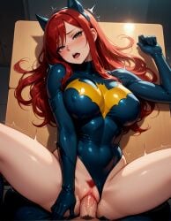 ai_generated batman_costume brown_eyes cosplay erza_scarlet fairy_tail from_above gloves illustrious_(stable_diffusion) large_breasts leotard long_hair lying_on_back moaning orgasm payop pov pubic_hair red_hair spread_legs superheroine uncensored vaginal_sex