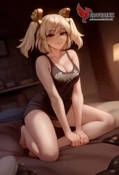 1girls 2d ai_generated ass back bangs bare_shoulders barefoot big_ass big_breasts black_panties blonde_hair burnice_white cleavage dress erophoenix feet female female_focus full_body long_hair looking_at_viewer navel pale_skin pale_skinned_female panties patreon_username red_eyes sitting skirt smile soles solo sports_bra thick thick_thighs toes twintails uncensored underwear zenless_zone_zero
