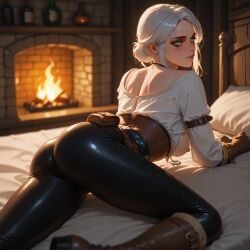 ai_generated ass back_view bed bedroom boots breasts bubble_butt cd_projekt_red ciri clothing female gloves green_eyes light-skinned_female looking_at_viewer looking_back mascara necklace nipples scar solo solo_female sunny the_witcher_(series) the_witcher_3:_wild_hunt white_hair