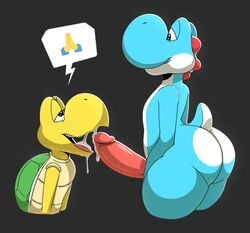 2boys ass big_ass big_butt black_background bodily_fluids butt cum cum_in_mouth cum_inside cyan_yoshi fellatio genital_fluids genitals hi_res humanoid_penis komdog komponi koopa_troopa male male/male male_only mario_(series) nintendo oral penile penis scalie sex simple_background video_games yoshi