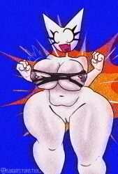 alternate_version_available ass big_nipples blue_background breasts chubby chubby_female clothes_removed explosion female femtanyl huge_ass huge_breasts meme meme_clothing nipple_piercing nipples piercing pussy ripped_clothing shocked_expression suggestoaster_ surprised_expression token_(femtanyl) vagina white_body
