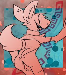 anus ass backsack balls canid canine collar cute_fangs detailed_background gallil gallil_(character) genitals hand_on_hip lagomorph line_art looking_at_viewer looking_back male male_only mammal monster presenting smile solo tongue vertical_bar_eyes