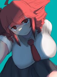 arm_behind_back big_breasts black_skirt breasts grabbing grabbing_viewer kasane_teto large_breasts looking_serious red_eyes red_hair seductive seductive_eyes seductive_pose shaded shadow shirt skirt suggestive_look suggestive_pose suggestive_posing thighs wasanpon_ama white_shirt