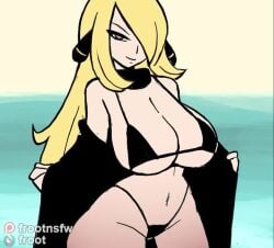 1girls animated artist_name bangs_over_eyes big_ass bikini black_bikini blonde_hair bouncing_breasts bra breasts center_opening cleavage clothed clothing cynthia_(pokemon) female female_only grey_eyes huge_breasts jacket light-skinned_female light_skin long_hair mossyfroot no_sound one_eye_obstructed panties pokemon pokemon_dppt revealing_clothes scarf smile solo tagme teasing video