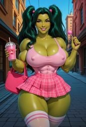 ai_generated bimbo bimbofication cameltoe civitai erect_nipples erect_nipples_under_clothes high_socks huge_breasts jakespicer34 jennifer_walters marvel marvel_comics muscular_female panties she-hulk short_skirt thigh_socks upskirt