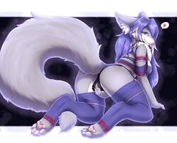 all_fours anthro ass bedroom_eyes big_breasts big_butt blue_eyes breasts canid canine clothed clothing countershading digitigrade female fluffy fluffy_tail fully_clothed fur garter_straps genitals grey_body grey_fur hair hazukikai heart hi_res hindpaw inner_ear_fluff long_hair long_tail looking_at_viewer mammal multicolored_body multicolored_fur narrowed_eyes neck_tuft panties pawpads paws pictographics pink_pawpads presenting presenting_pussy purple_hair pussy seductive smile solo speech_bubble tongue tongue_out tuft two_tone_body two_tone_fur underwear white_body white_countershading white_fur