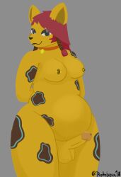 anthro ass balls bell bell_collar belly big_breasts big_butt braided_hair breasts collar collar_only fur futanari genitals hair herm humanoid_genitalia hyena intersex mammal markings nipple_piercing nipples nude penis piercing protoderse smug solo spots spotted_body spotted_fur spotted_hyena thick_thighs