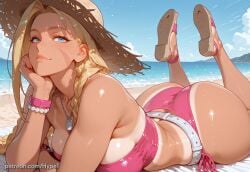 ai_generated alternate_version_at_source beach bikini bikini_bottom bikini_top blue_eyes breasts cammy_white female happy hat hypet long_hair lying_on_stomach medium_breasts muscular muscular_female pink_bikini shiny shiny_skin street_fighter street_fighter_6 summer tagme tanned tanned_body tanned_female tanned_skin thick_legs thick_thighs thighs white_hair