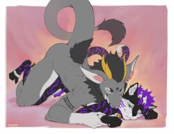 anthro bell bell_collar bite black_body black_fur collar domestic_cat dragon duo felid feline felis fur grey_body grey_fur hair horn humanoid male male/male mammal markings mythological_creature mythological_scalie mythology nardoragon oreobird peq_(peq42) purple_hair purple_markings scalie white_body white_fur