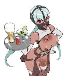 alternate_costume bdsm_collar bondage_mittens bondage_outfit breasts collar collared dark-skinned_female dark_skin emerald_sustrai eudetenis exposed_breasts exposed_pussy female gag gagged harness_gag harness_ring_gag nose_piercing pierced_nipples pussy ring_gag rwby serving_tray tongue tongue_out tongue_piercing