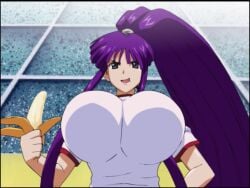 1boy 1girls animated anime_screencap ass ass_cleavage banana big_ass bottom_heavy bouncing_breasts breasts breasts_bigger_than_head buruma curvy curvy_figure dat_ass eiken enormous_breasts fat_ass fat_mons female fit_female gluteal_fold gym_uniform hourglass_figure huge_breasts kirika_misono large_breasts legs legs_apart light-skinned_female long_hair long_legs looking_at_viewer male massive_breasts nipple_bulge pendulous_breasts perfect_body plump_ass ponytail poolside purple_eyes purple_hair school_uniform sexy_body sound teenager thick_thighs thigh_gap thighs top_heavy video voluptuous_female well_endowed wide_hips